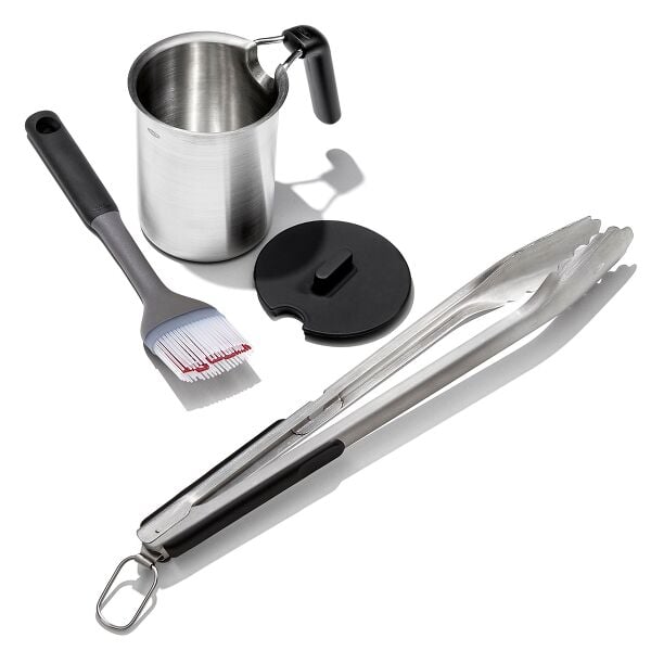 Grilling Basting Pot and Brush Set & Grilling Tongs with Built-In Bottle Opener Bundle N3