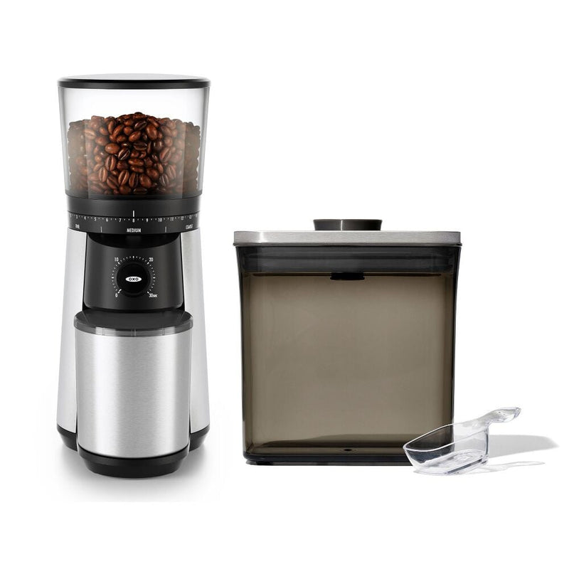 Conical Burr Coffee Grinder & Steel Coffee POP Container (1.7 Qt) with Scoop Bundle H3