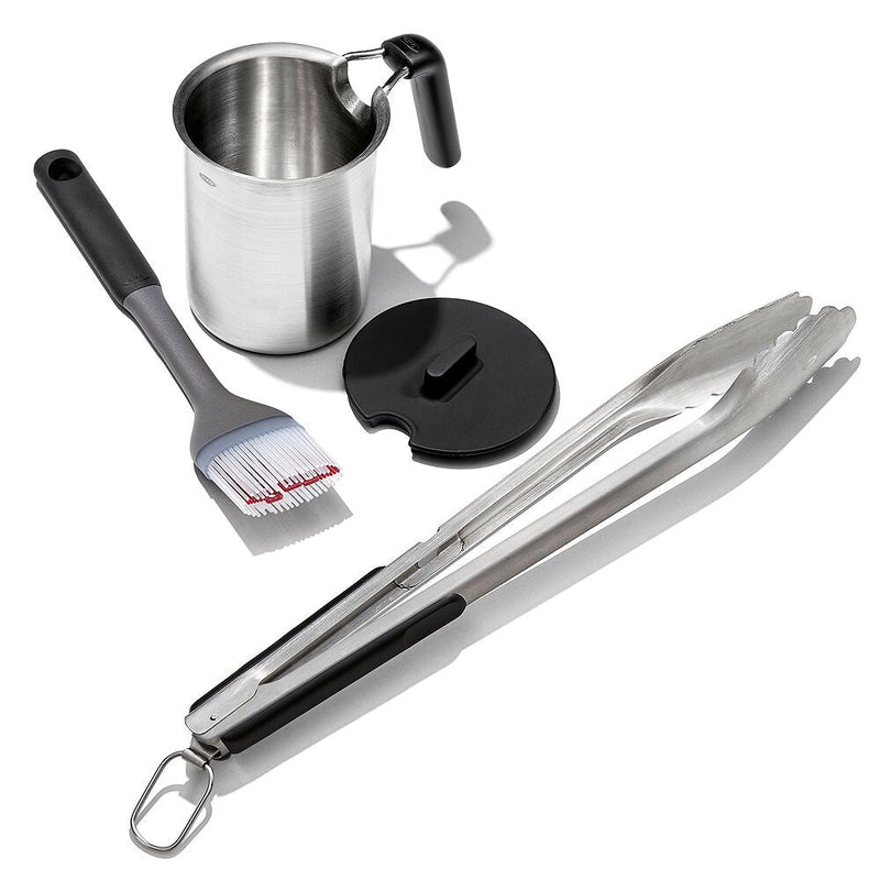 Grilling Basting Pot and Brush Set & Grilling Tongs with Built-In Bottle Opener Bundle N3